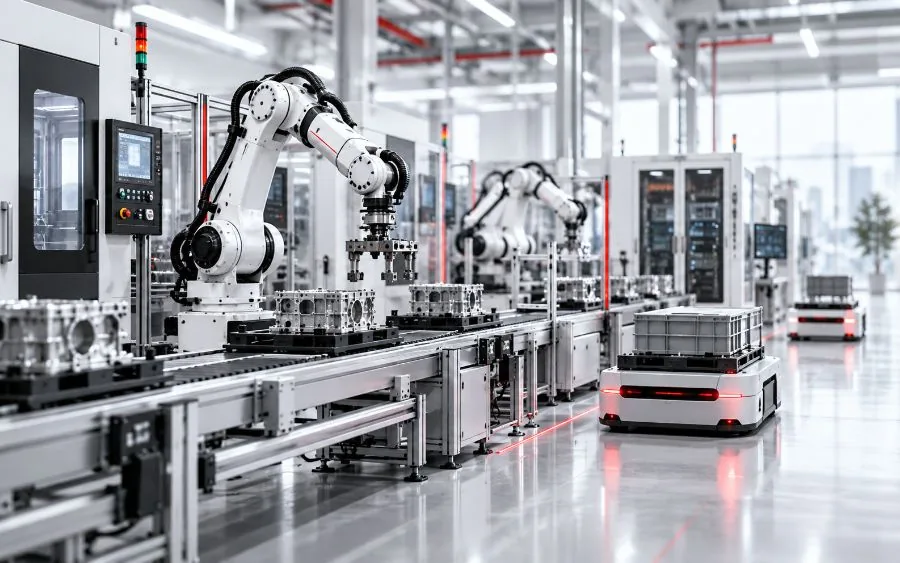 Factory automation production line with robots and conveyors